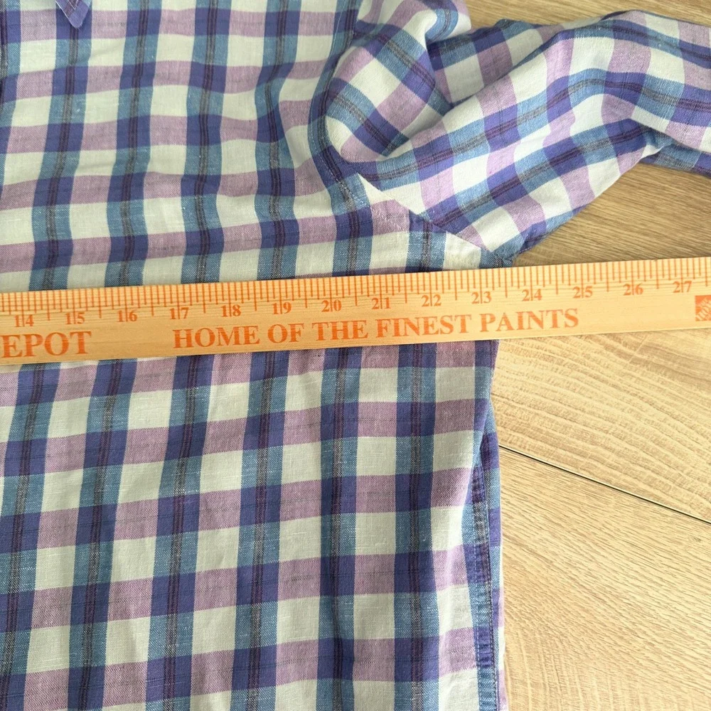 Banana Republic Linen Blend Button Up Shirt Mens L Purple Plaid Roll Tab Sleeve